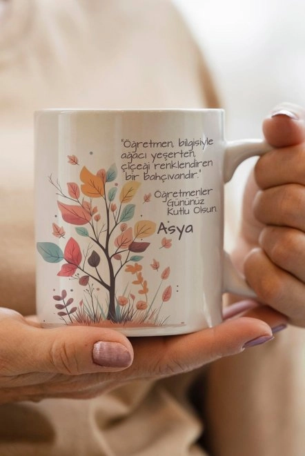 Çiçek Dallı ve Yapraklı Öğretmenler Günü Kupa Bardak