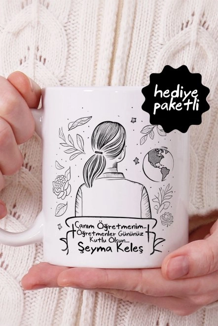 Kadın Siyah Karakalem Çizimli Öğretmenler Günü Kupa Bardak