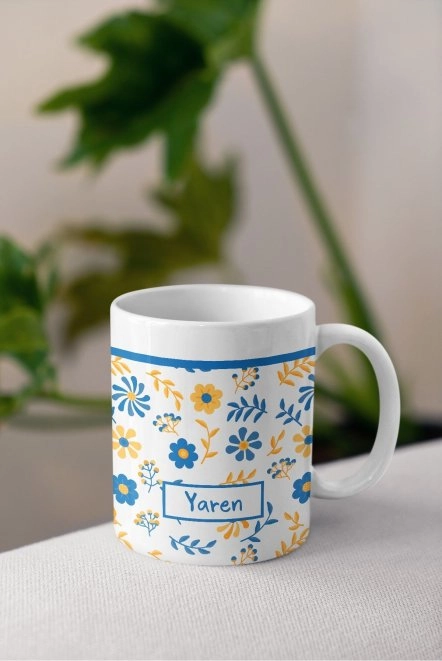 Mavi ve Sarı Çiçekli Kişiye Özel Kupa Bardak