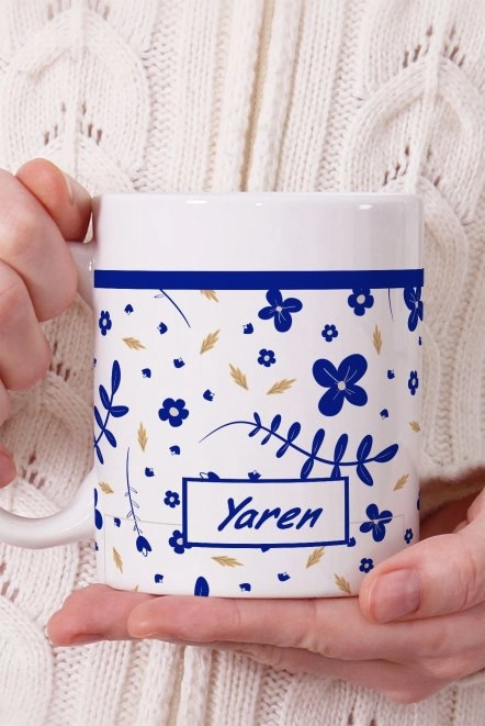 Mavi Çiçekli Kişiye Özel Porselen Kupa