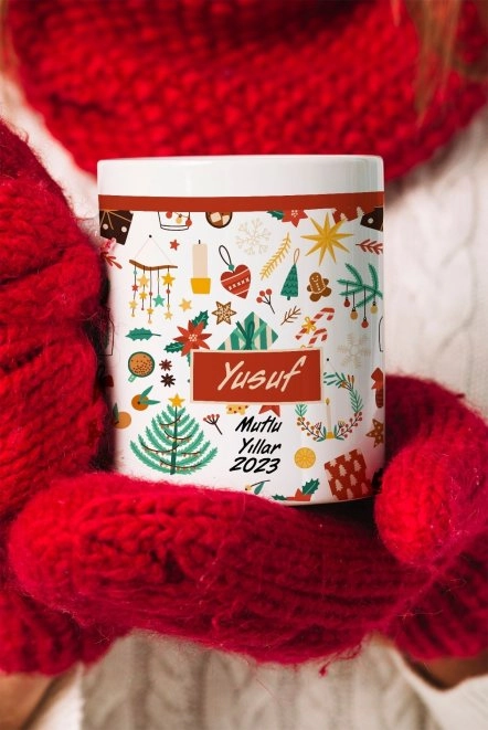 Yeni Yıl Hediye Porselen Kupa Bardak Kırmızı Tasarımlı