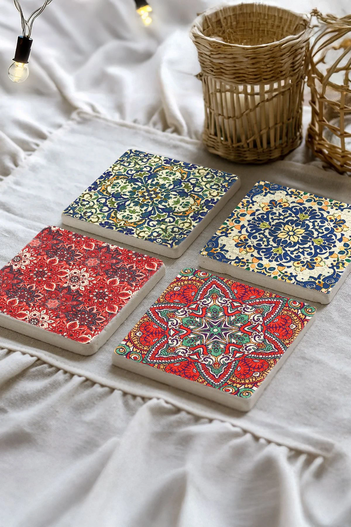 Dekoratif Mermer Bardak Altlığı Seti 10X10X1 Cm - Arabic Desen Çini Model
