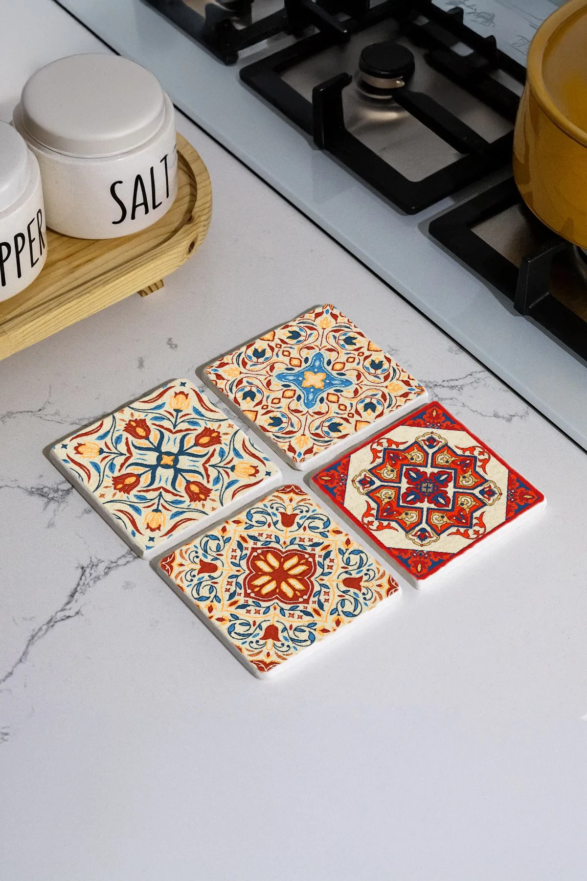 Minimalist Mermer Bardak Altlığı 4'Lü Set 10X10X1 Cm - Barok Çini