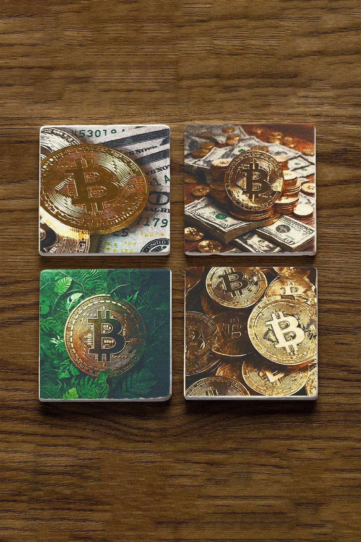 Doğal Taş Mermer Bardak Altlığı 4'Lü Set 10X10X1 Cm - Bitcon Ve Dolar Figür