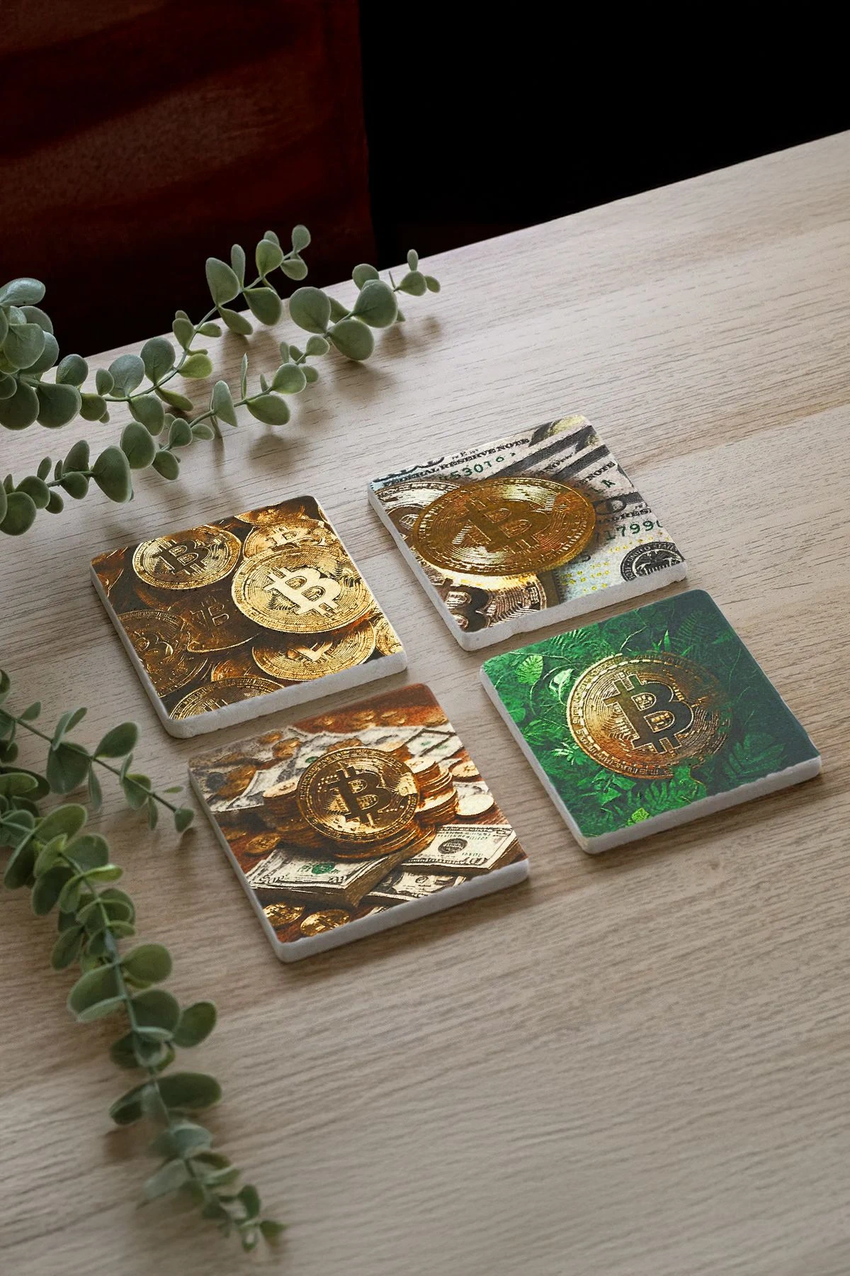 Doğal Taş Mermer Bardak Altlığı 4'Lü Set 10X10X1 Cm - Bitcon Ve Dolar Figür