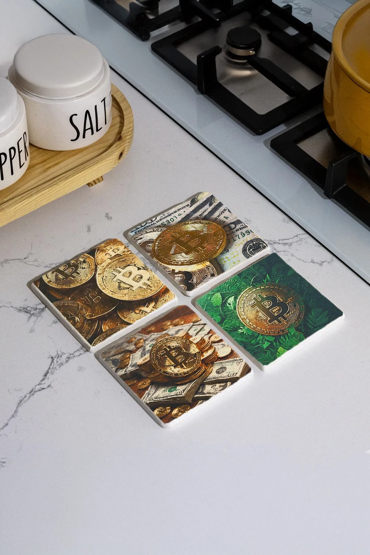 Doğal Taş Mermer Bardak Altlığı 4'Lü Set 10X10X1 Cm - Bitcon Ve Dolar Figür