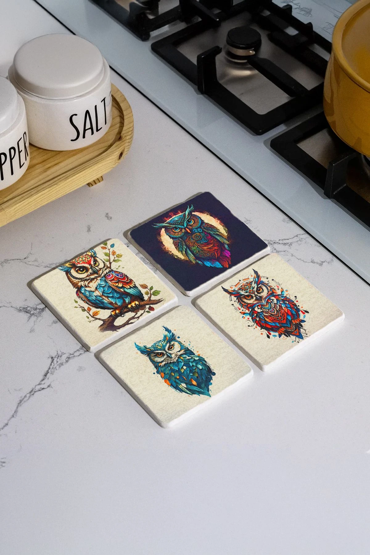 El Yapımı Doğaltaş Bardak Altlıkları 10X10X1 Cm - Dijital Baykuş Figür Çizimi