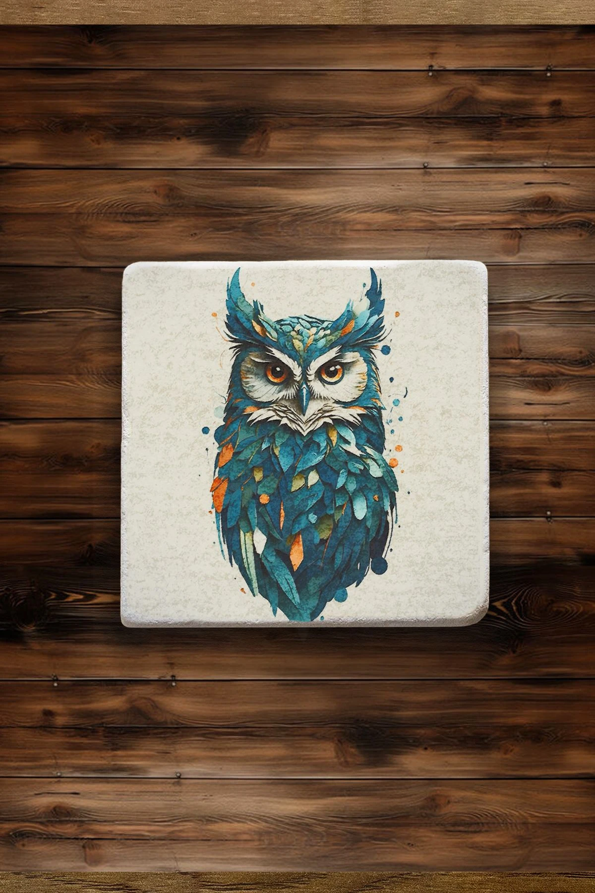 El Yapımı Doğaltaş Bardak Altlıkları 10X10X1 Cm - Dijital Baykuş Figür Çizimi