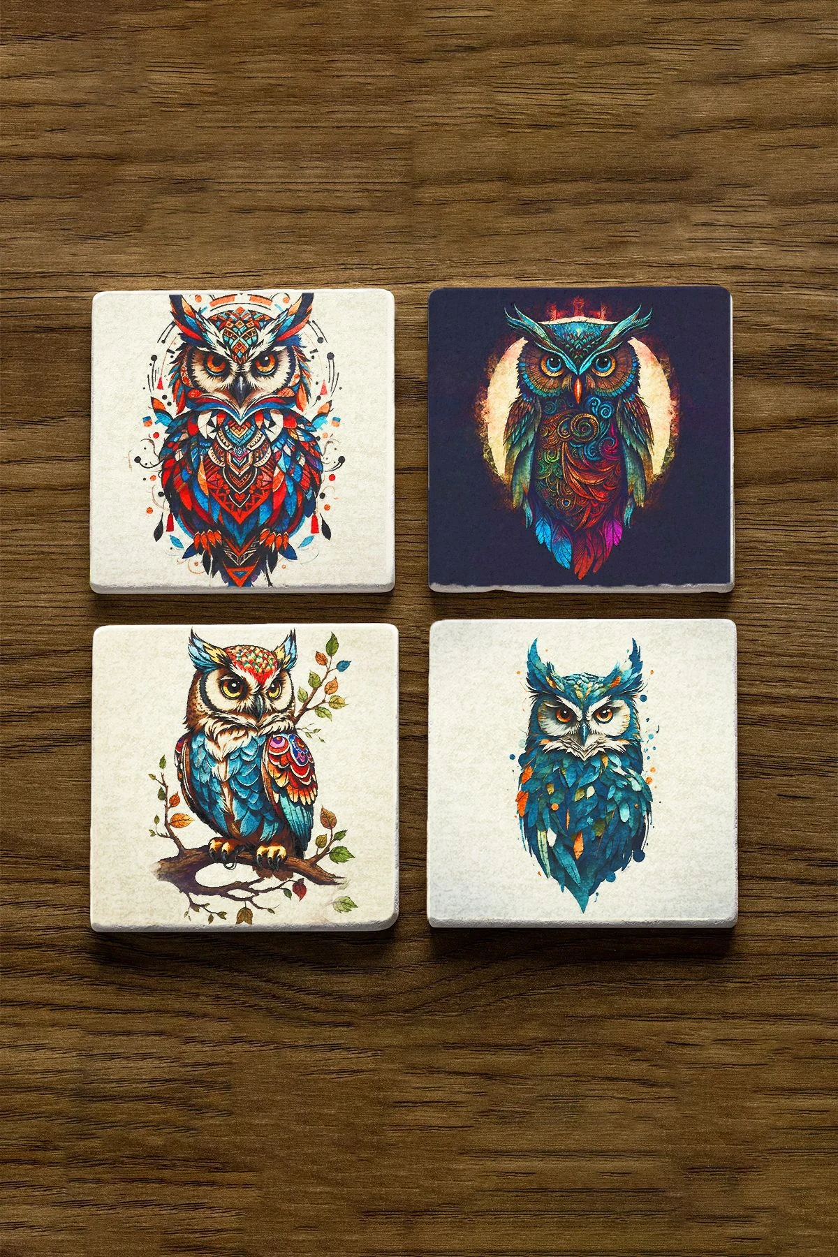 El Yapımı Doğaltaş Bardak Altlıkları 10X10X1 Cm - Dijital Baykuş Figür Çizimi