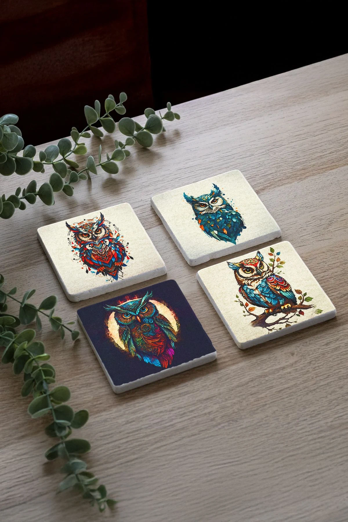 El Yapımı Doğaltaş Bardak Altlıkları 10X10X1 Cm - Dijital Baykuş Figür Çizimi