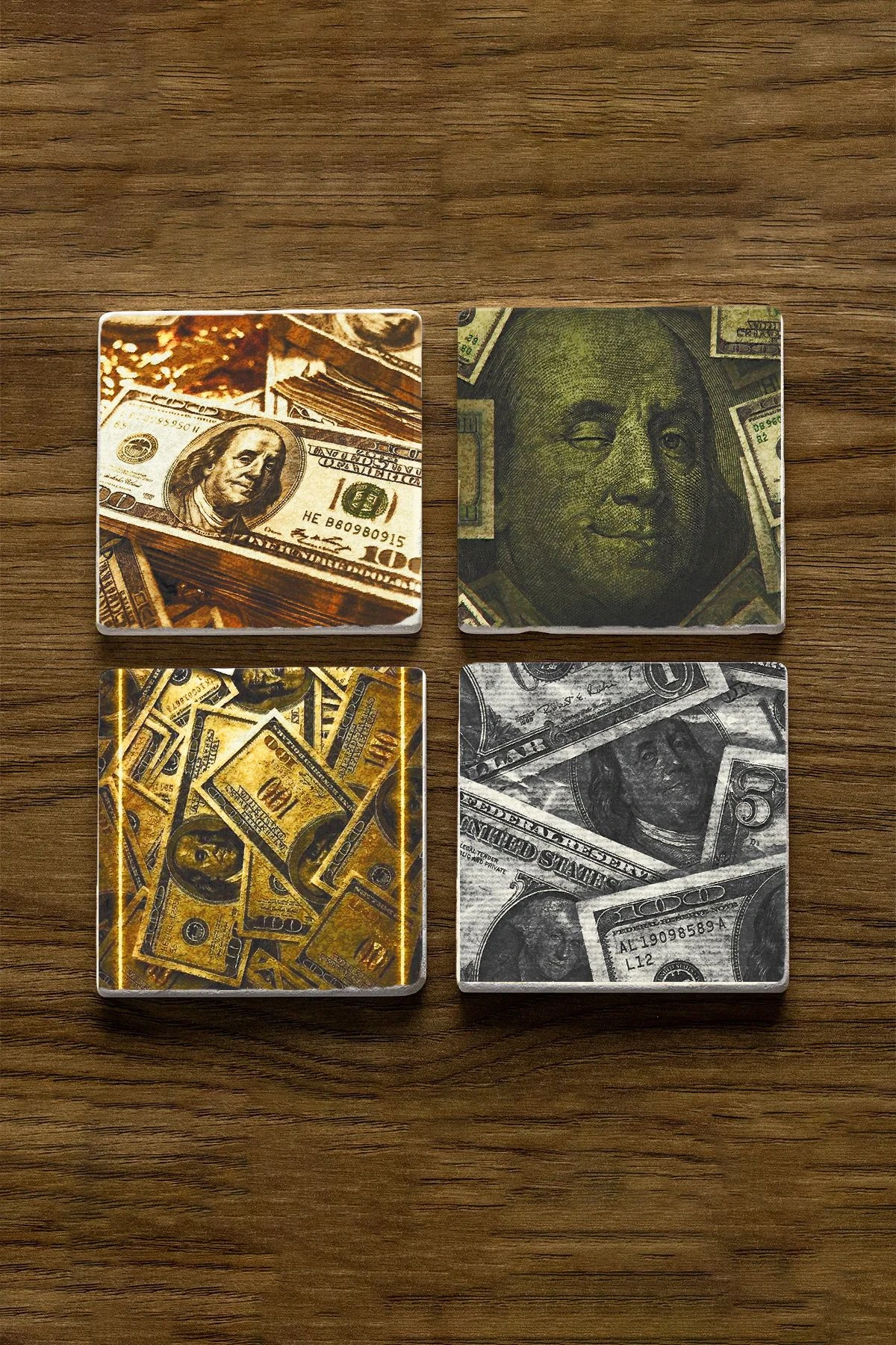 Klasik Mermer Bardak Altlığı 4'Lü Set 10X10X1 Cm - Dolar Benjamin Franklin Figür