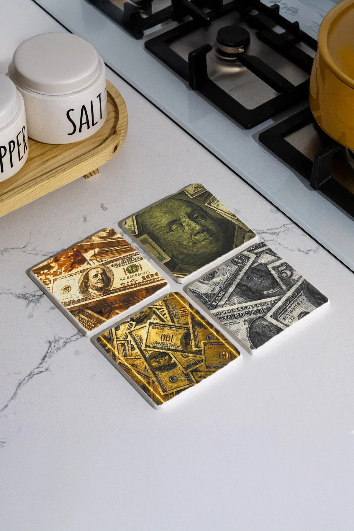 Klasik Mermer Bardak Altlığı 4'Lü Set 10X10X1 Cm - Dolar Benjamin Franklin Figür