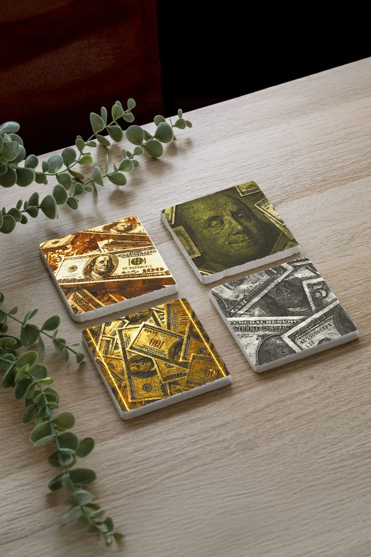 Klasik Mermer Bardak Altlığı 4'Lü Set 10X10X1 Cm - Dolar Benjamin Franklin Figür