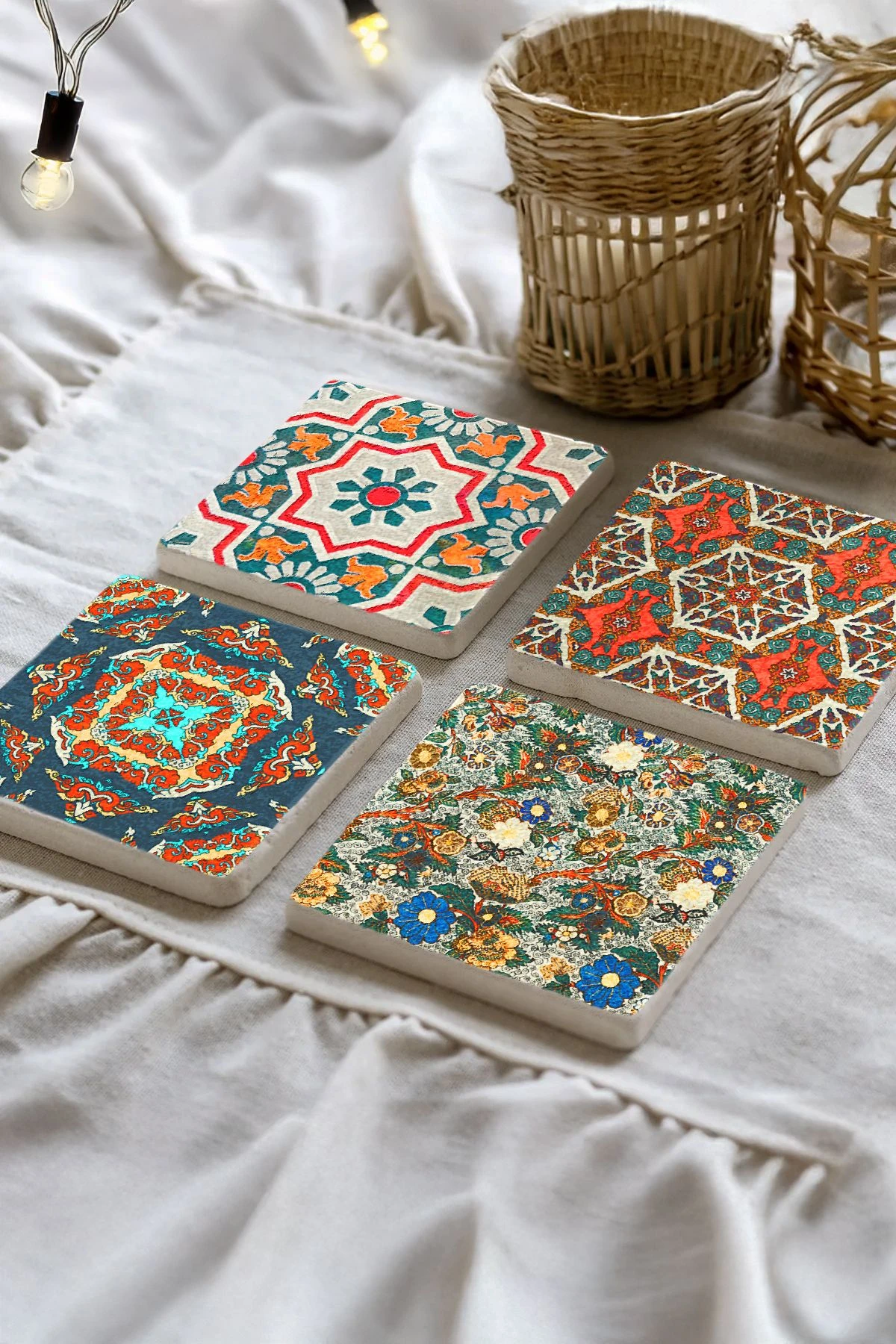 Set Halinde Doğal Taş Bardak Altlıkları 10X10X1 Cm - Farsça Desen Çini