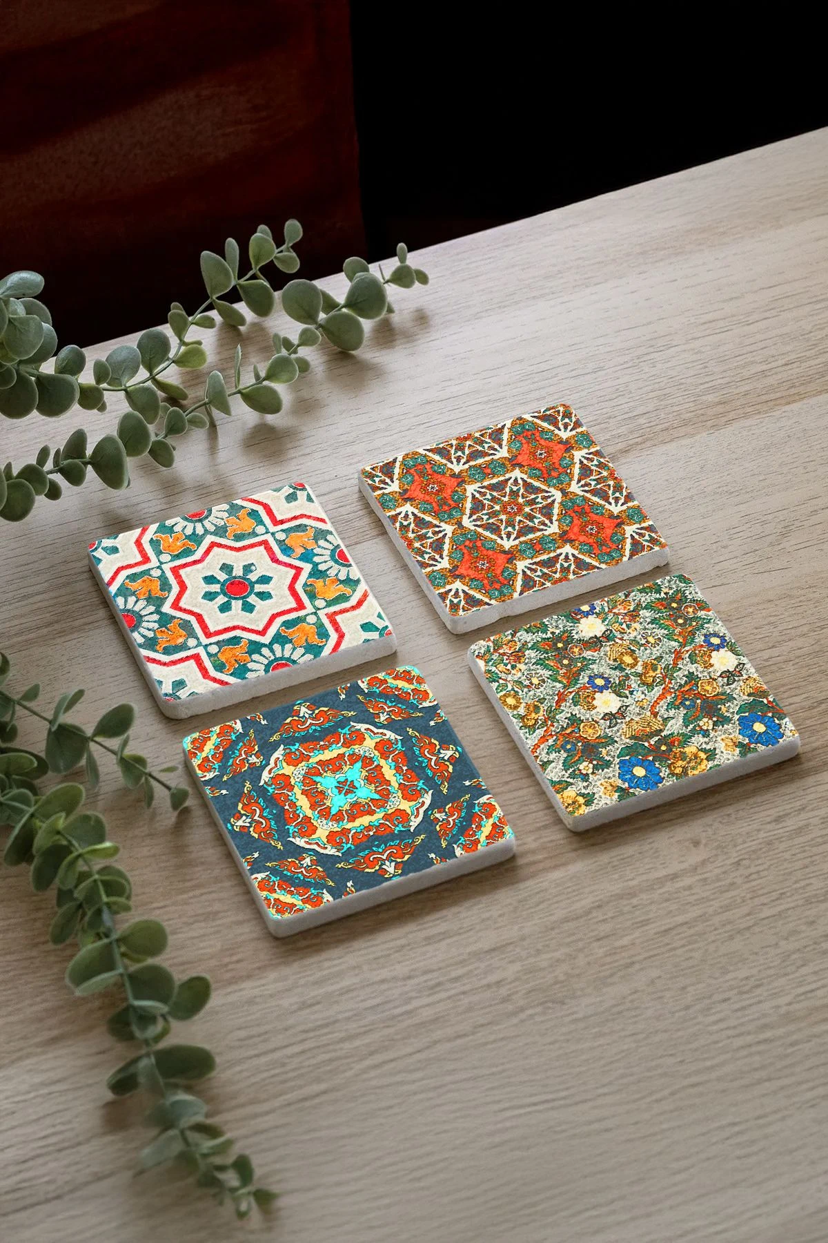 Set Halinde Doğal Taş Bardak Altlıkları 10X10X1 Cm - Farsça Desen Çini