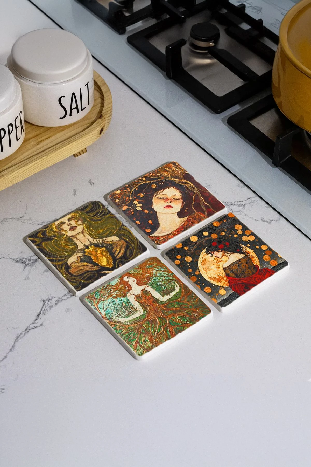 Isıya Dayanıklı Taş Bardak Altlıkları 4'Lü Set 10X10X1 Cm - Hüzünlü Sonbahar İllüstrasyon