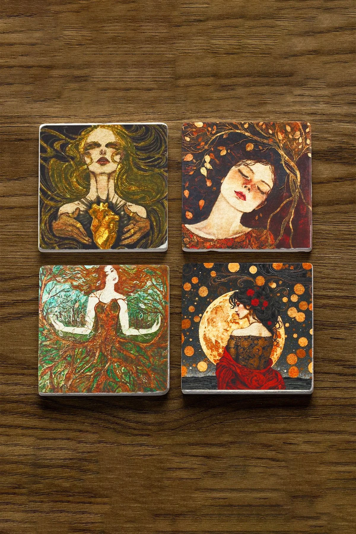 Isıya Dayanıklı Taş Bardak Altlıkları 4'Lü Set 10X10X1 Cm - Hüzünlü Sonbahar İllüstrasyon
