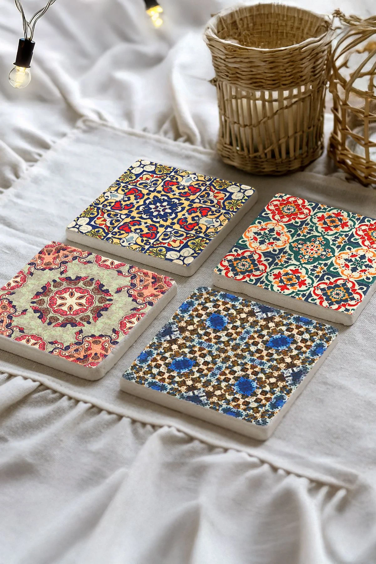 Boyanabilir Traverten Bardak Altlıkları 10X10X1 Cm - İran Desen Çini