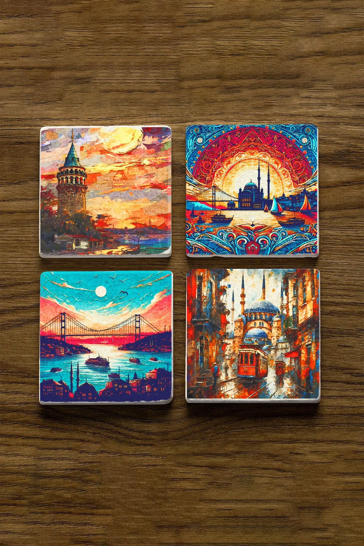 Rustik Tasarımlı Bardak Altlıkları 4'Lü Set 10X10X1 Cm - İstanbul Portre