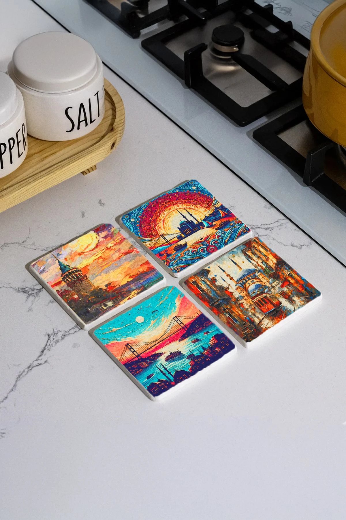 Rustik Tasarımlı Bardak Altlıkları 4'Lü Set 10X10X1 Cm - İstanbul Portre