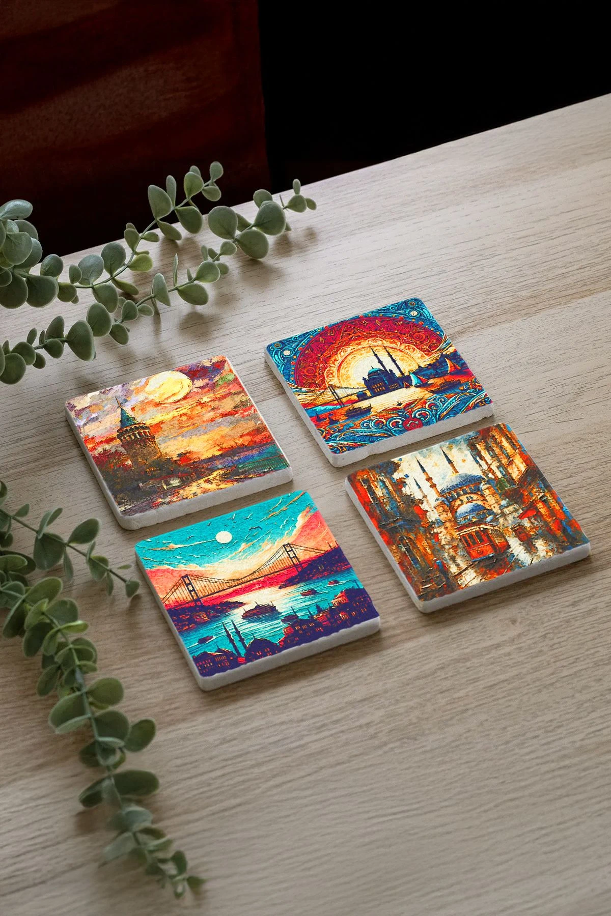 Rustik Tasarımlı Bardak Altlıkları 4'Lü Set 10X10X1 Cm - İstanbul Portre