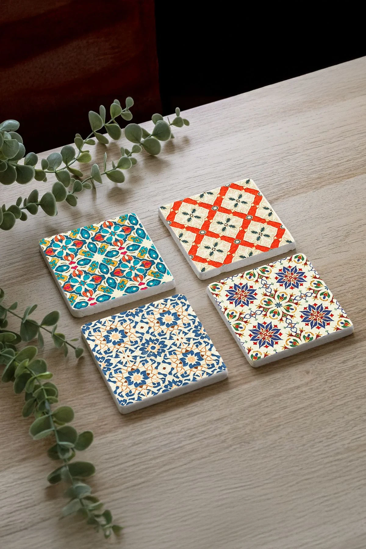 Kahve Severler İçin Şık Bardak Altlıkları 4'Lü Set 10X10X1 Cm - İtalyan Desen Çini Model