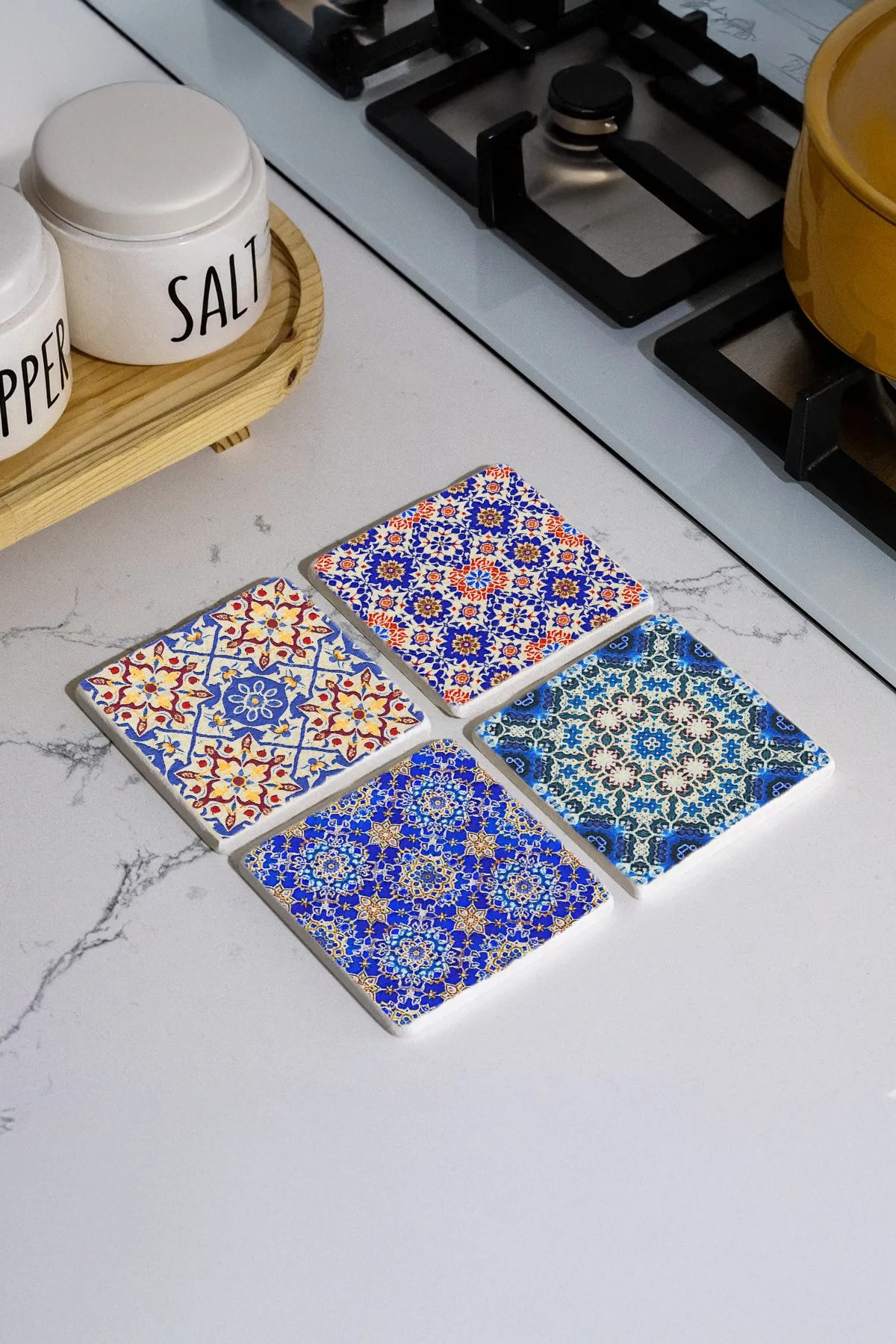Hediyelik Doğal Taş Altlık Seti 4'Lü Set 10X10X1 Cm - İznik Çini