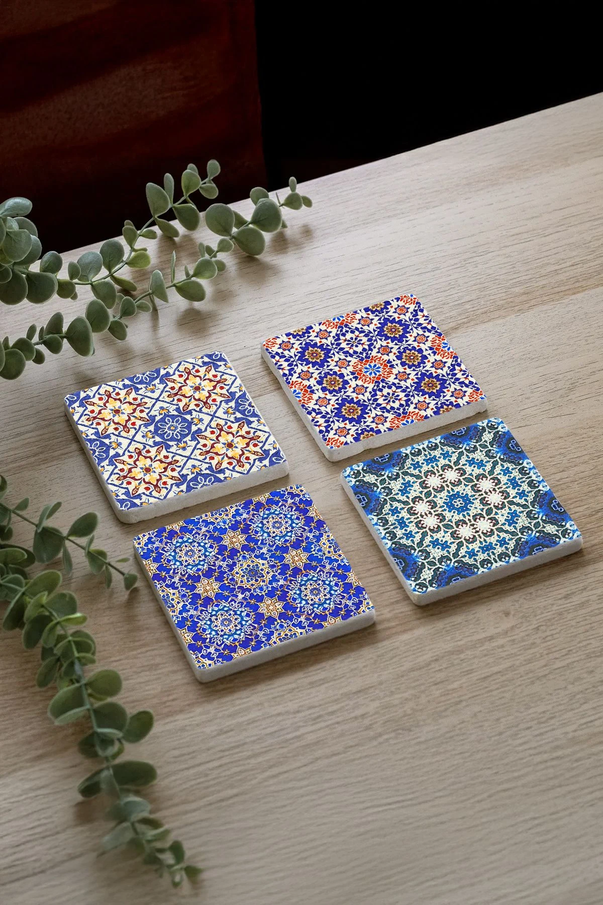 Hediyelik Doğal Taş Altlık Seti 4'Lü Set 10X10X1 Cm - İznik Çini