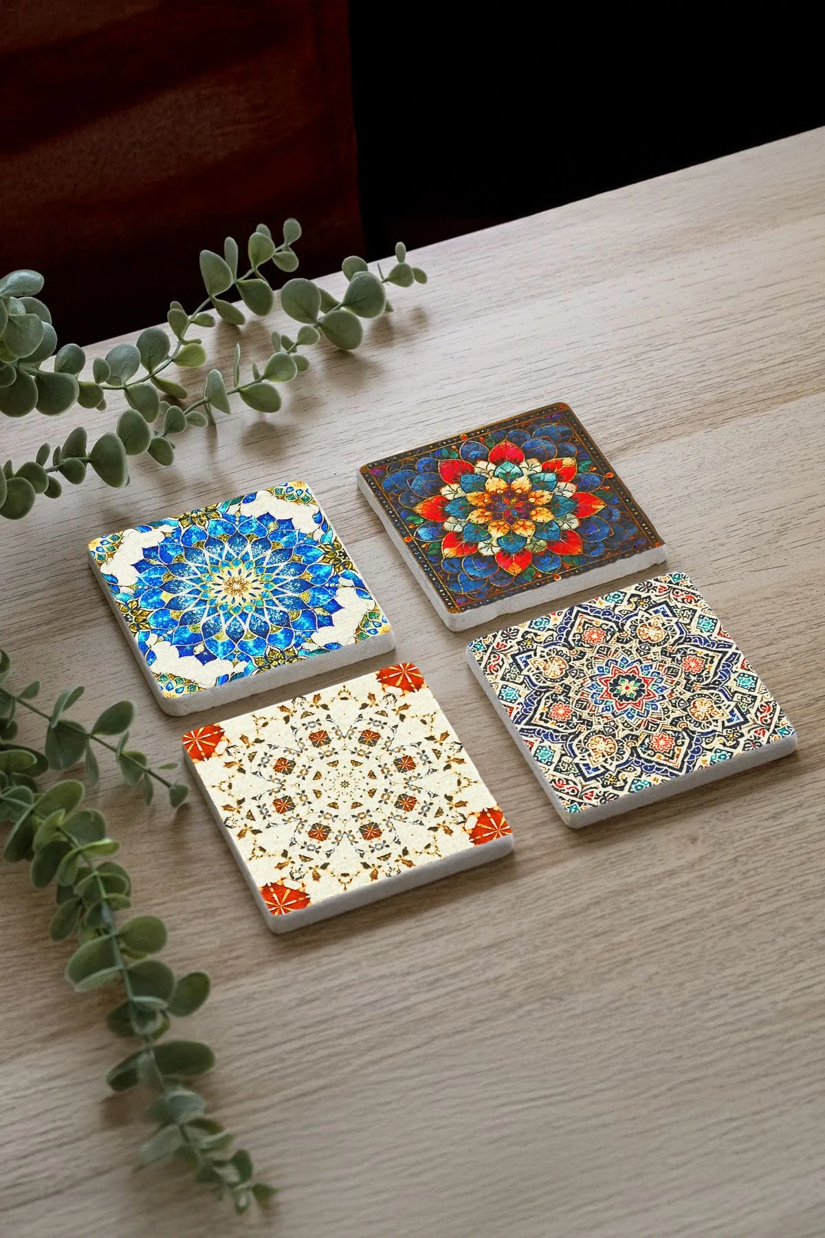 Şık ve Dayanıklı Taş Altlık 4'Lü Set 10X10X1 Cm - Kabartma Desen Çini