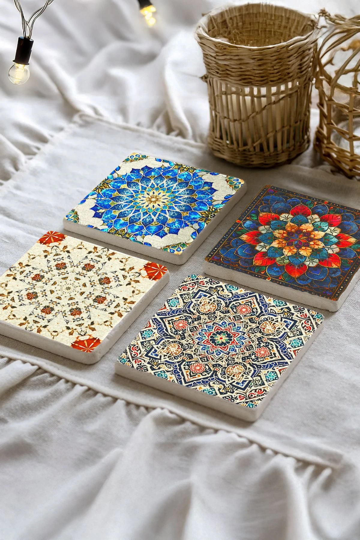 Şık ve Dayanıklı Taş Altlık 4'Lü Set 10X10X1 Cm - Kabartma Desen Çini