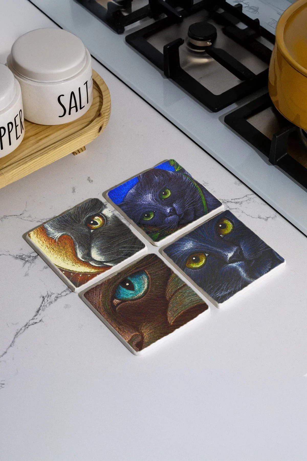 Doğal Taş Görünümlü Kare Bardak Altı 4'Lü Set 10X10X1 Cm - Kedili Set İllüstrasyon