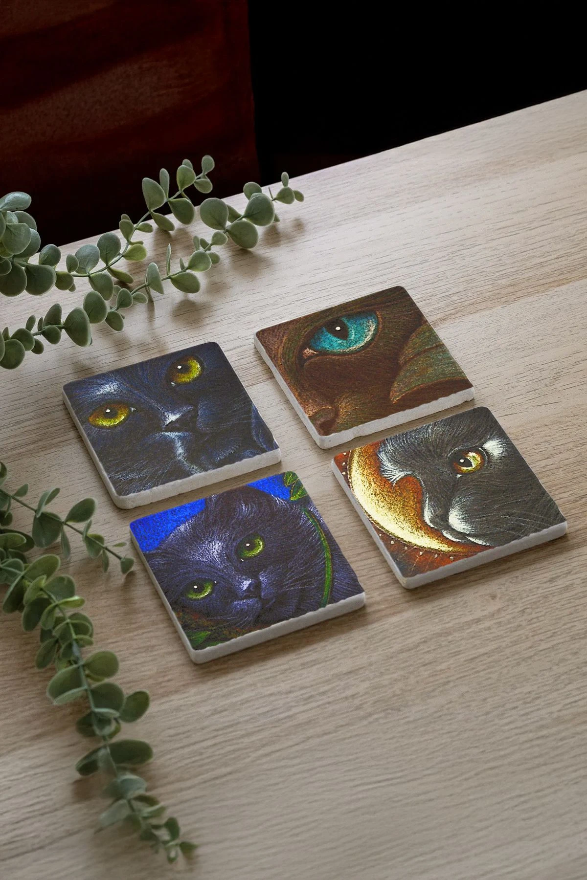Doğal Taş Görünümlü Kare Bardak Altı 4'Lü Set 10X10X1 Cm - Kedili Set İllüstrasyon