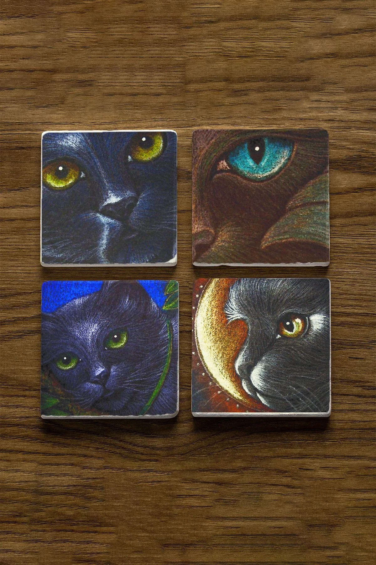 Doğal Taş Görünümlü Kare Bardak Altı 4'Lü Set 10X10X1 Cm - Kedili Set İllüstrasyon