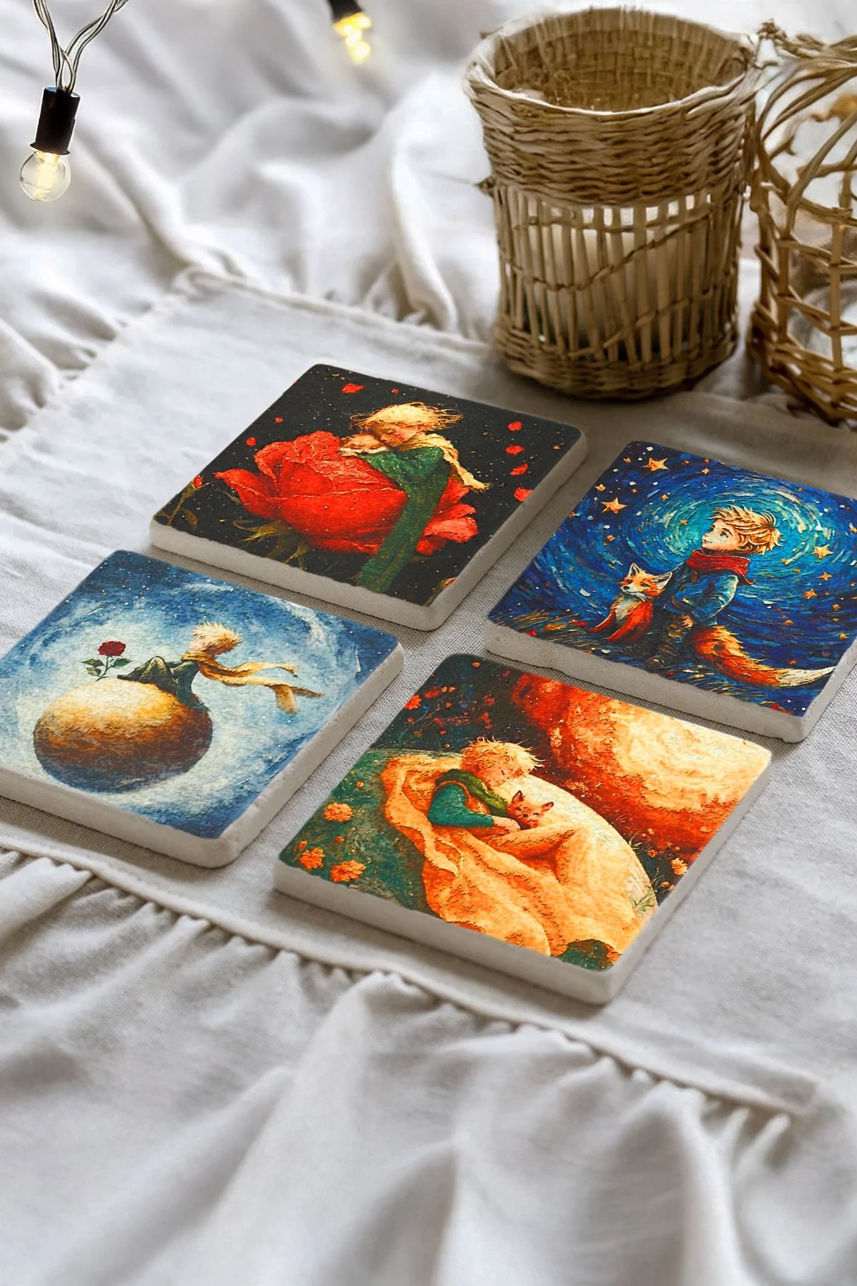 Yumuşak Keçeli Taş Bardak Altı 4'Lü Set 10X10X1 Cm - Küçük Prens