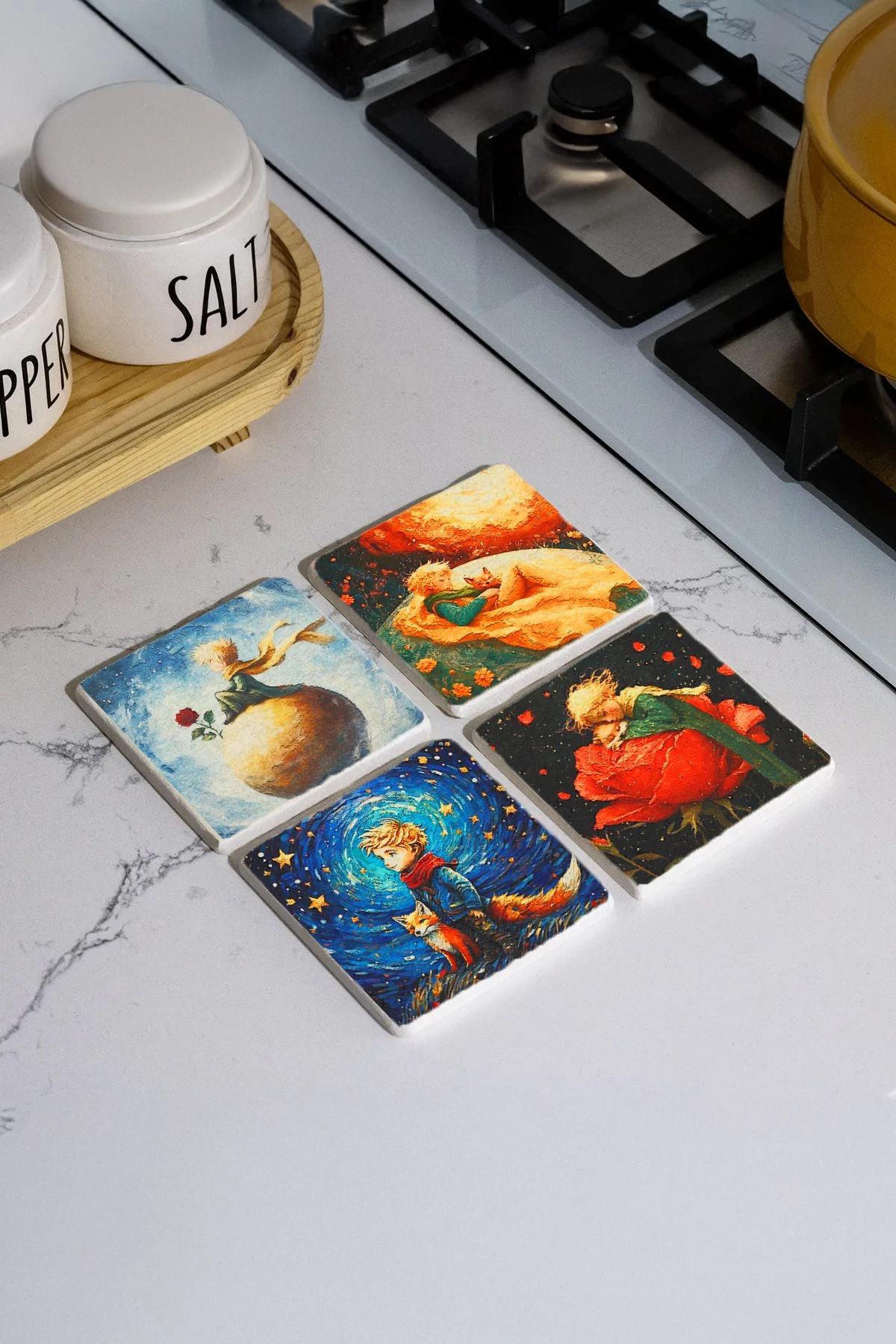 Yumuşak Keçeli Taş Bardak Altı 4'Lü Set 10X10X1 Cm - Küçük Prens