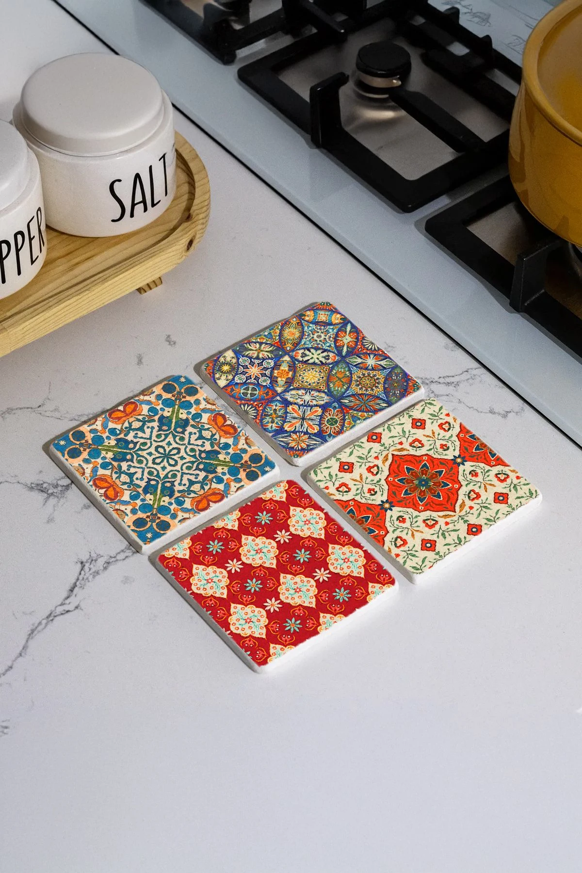 Kare Şekilli Mermer Altlık 4'Lü Set 10X10X1 Cm - Kusursuz Çini