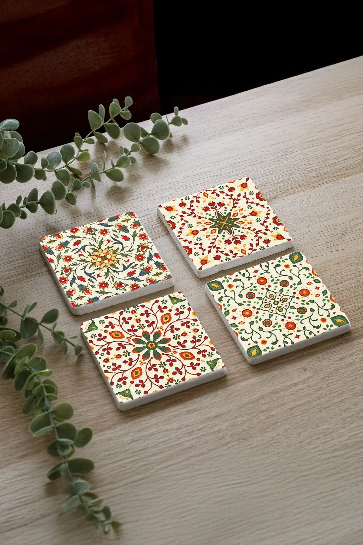 Antik Eskitme Taş Altlıklar 4'Lü Set 10X10X1 Cm - Lale Çini Model