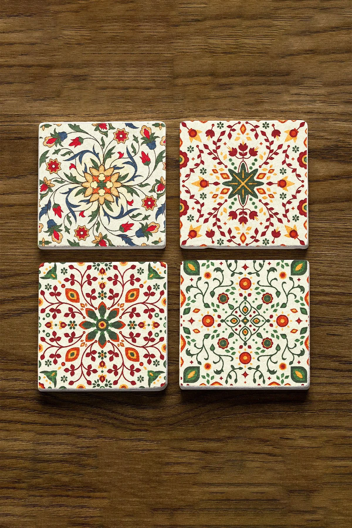 Antik Eskitme Taş Altlıklar 4'Lü Set 10X10X1 Cm - Lale Çini Model
