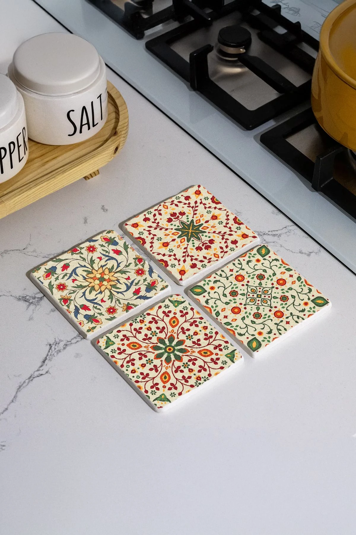 Antik Eskitme Taş Altlıklar 4'Lü Set 10X10X1 Cm - Lale Çini Model