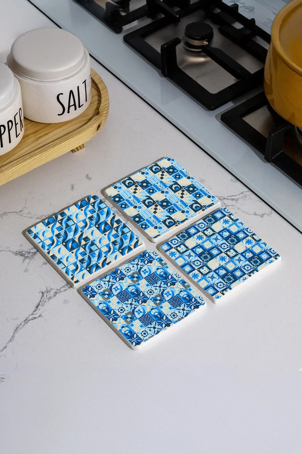 Modern Tasarımlı Mermer Bardak Altlığı 4'Lü Set 10X10X1 Cm - Mavi Mozaikler