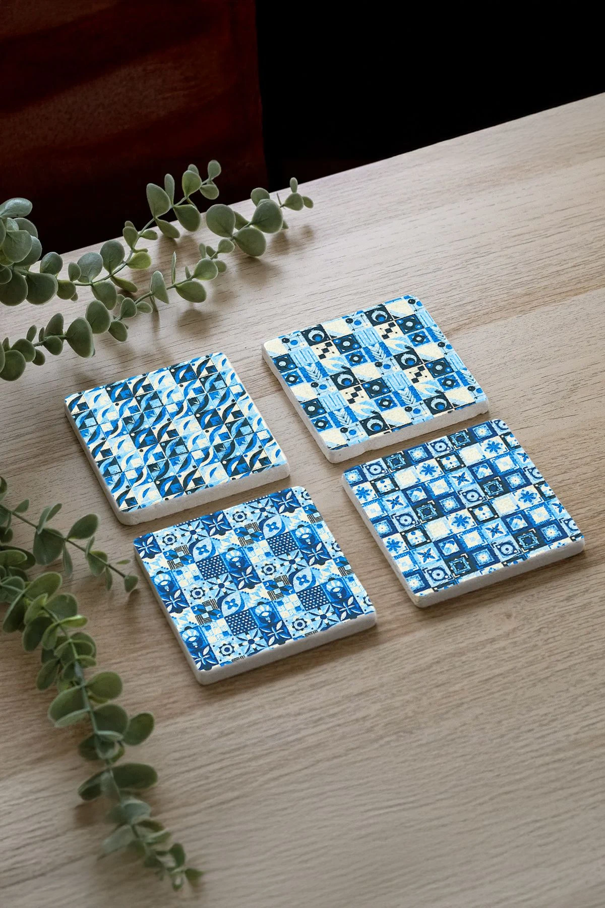 Modern Tasarımlı Mermer Bardak Altlığı 4'Lü Set 10X10X1 Cm - Mavi Mozaikler