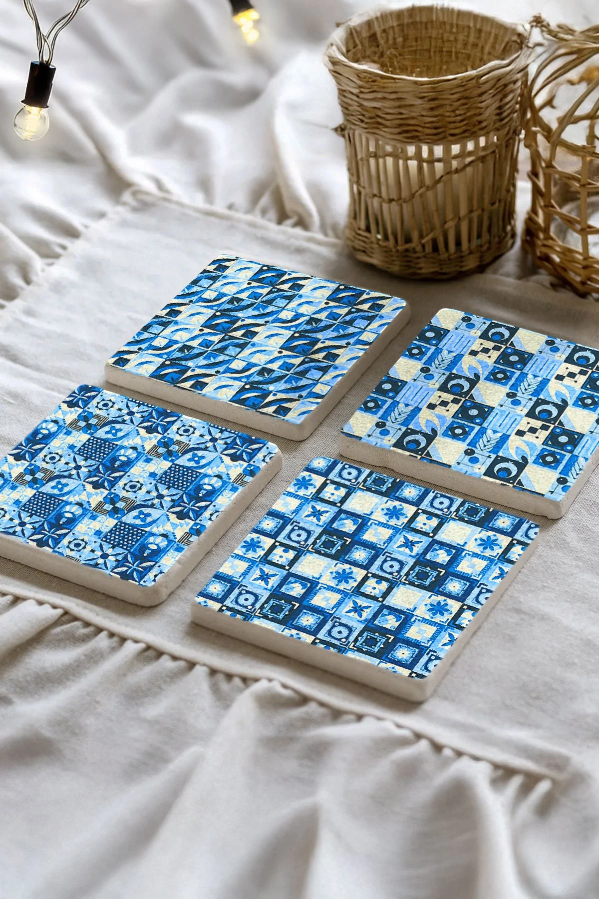 Modern Tasarımlı Mermer Bardak Altlığı 4'Lü Set 10X10X1 Cm - Mavi Mozaikler