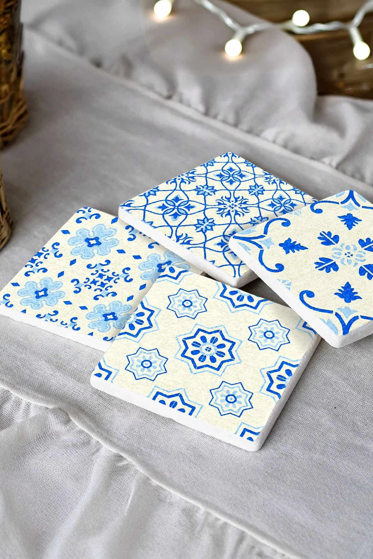 Doğal Taş Mermer Bardak Altlığı 4'Lü Set 10X10X1 Cm - Mavili Çini Desen