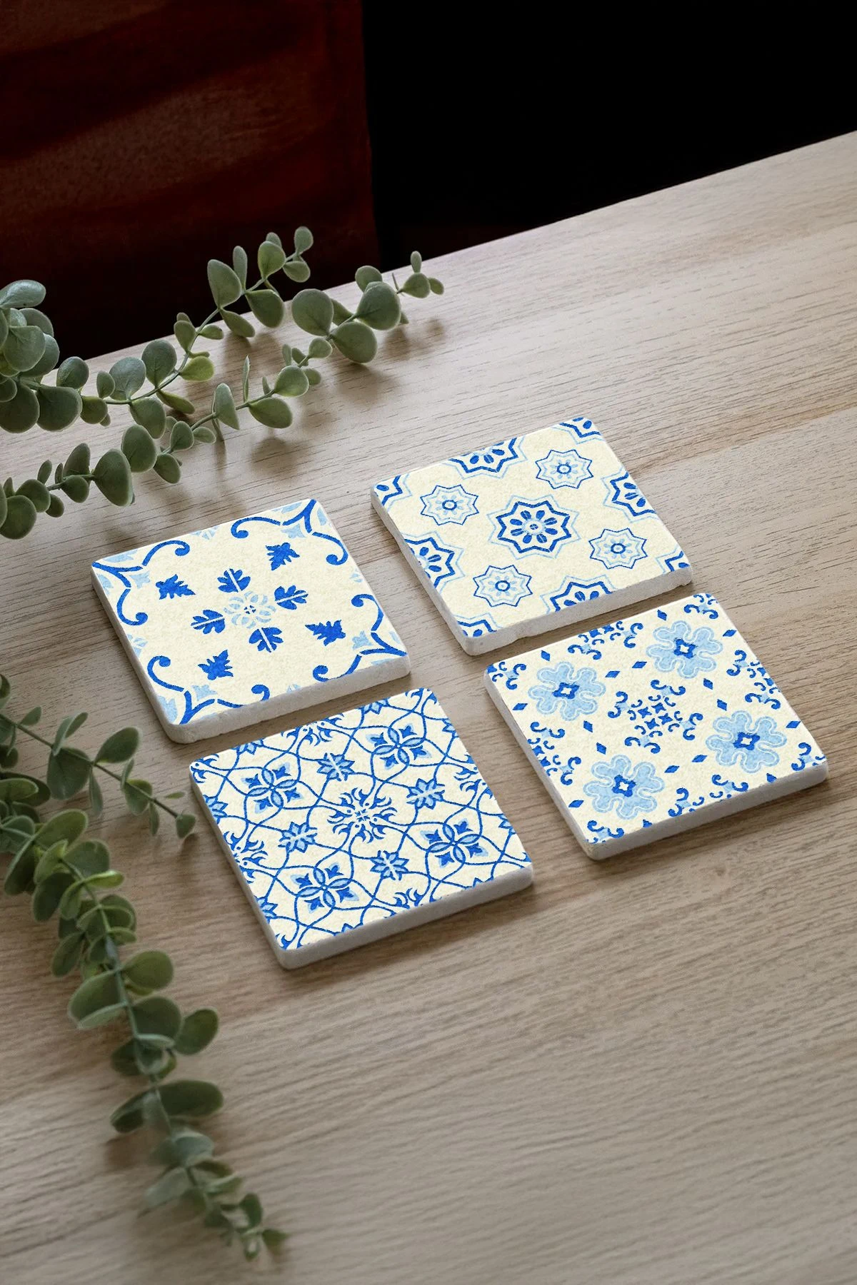 Doğal Taş Mermer Bardak Altlığı 4'Lü Set 10X10X1 Cm - Mavili Çini Desen