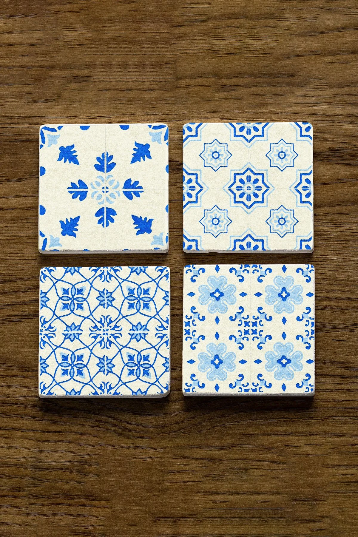 Doğal Taş Mermer Bardak Altlığı 4'Lü Set 10X10X1 Cm - Mavili Çini Desen