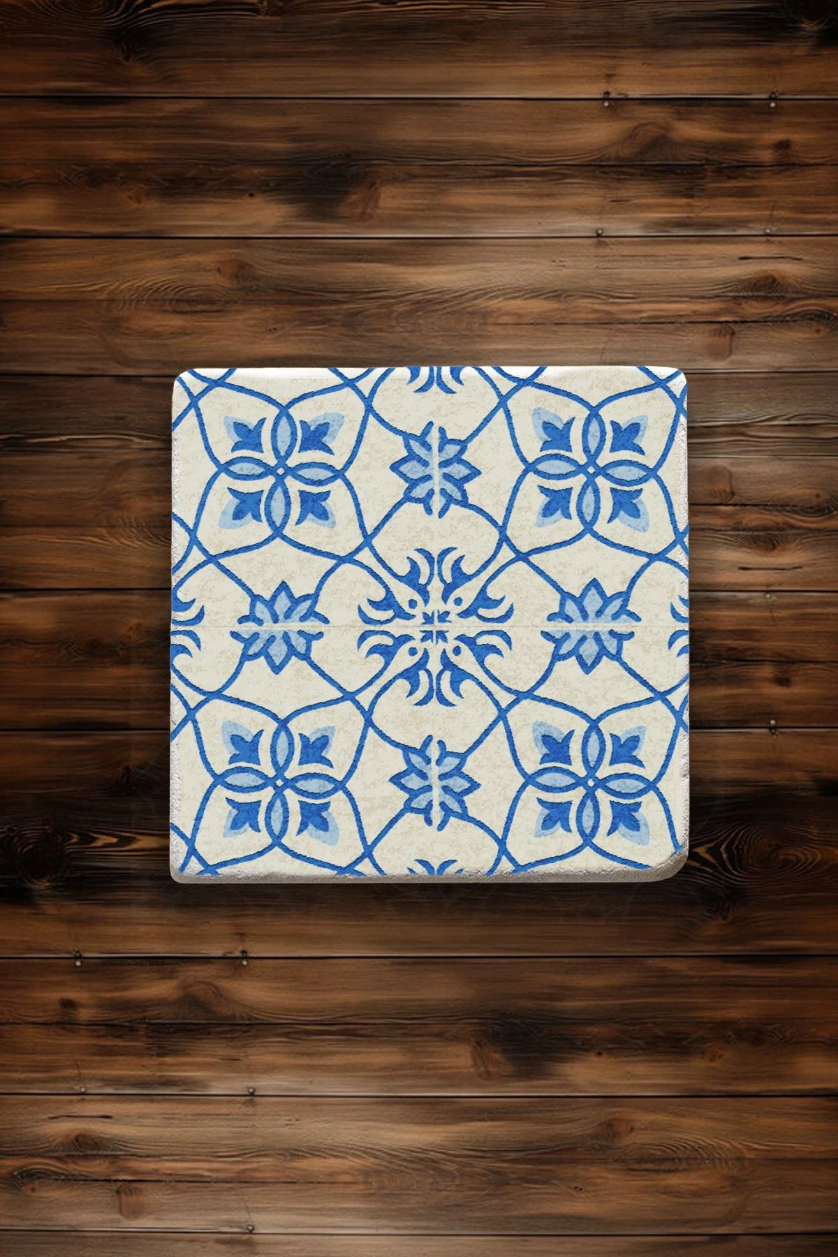Doğal Taş Mermer Bardak Altlığı 4'Lü Set 10X10X1 Cm - Mavili Çini Desen