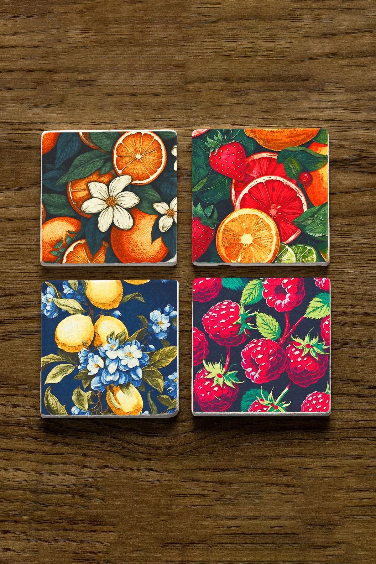 Estetik ve Fonksiyonel Bardak Altlığı 4'Lü Set 10X10X1 Cm - Meyve Sepeti Çizimleri