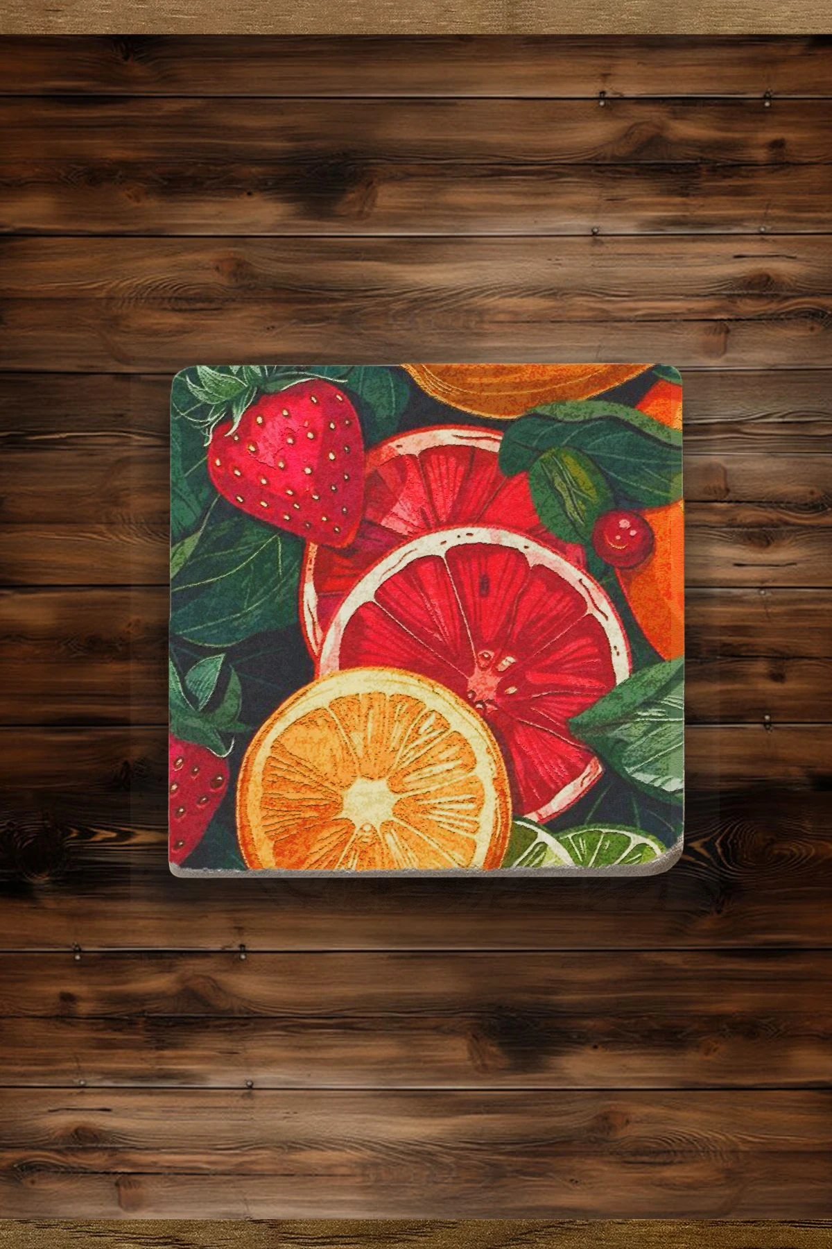 Estetik ve Fonksiyonel Bardak Altlığı 4'Lü Set 10X10X1 Cm - Meyve Sepeti Çizimleri