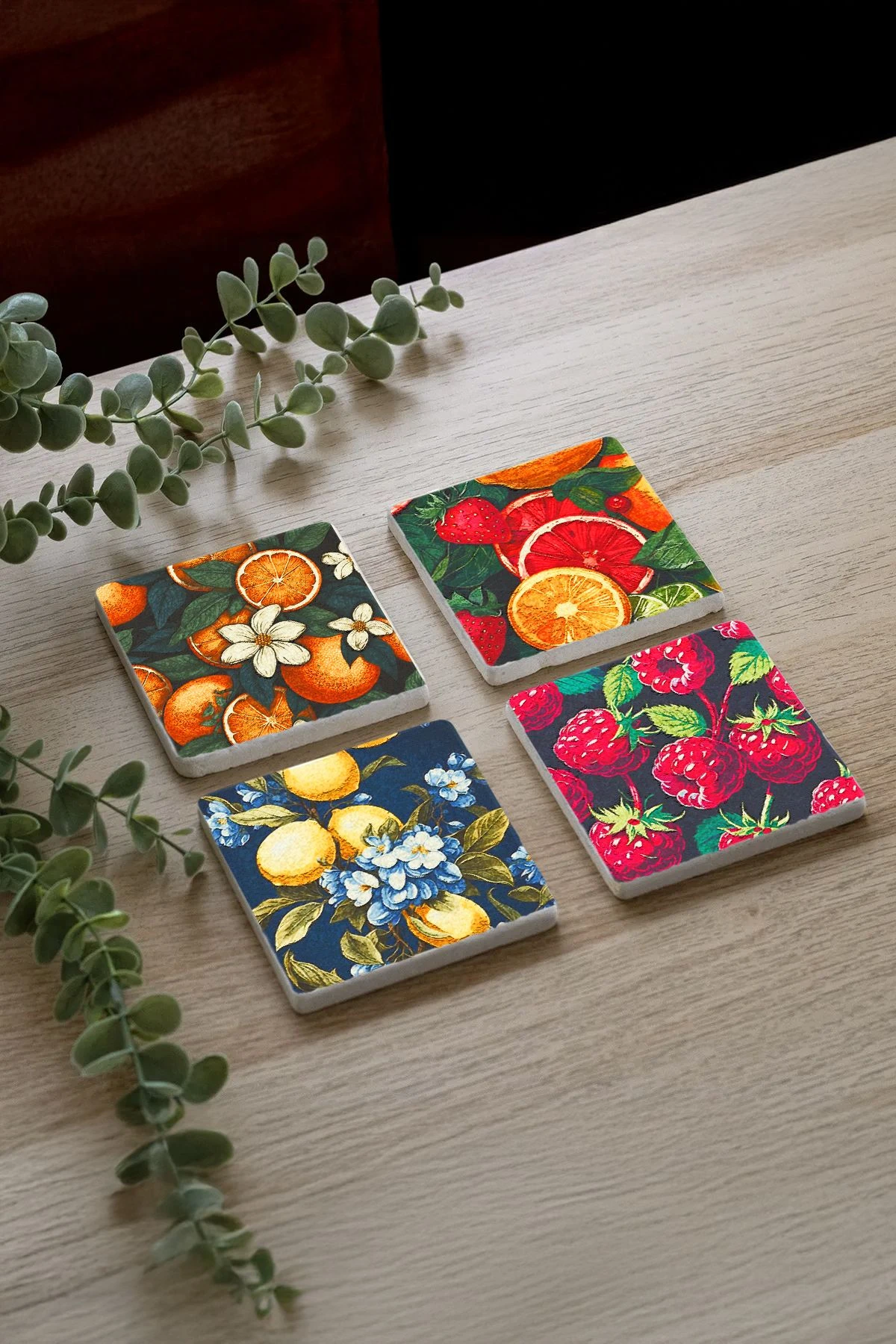 Estetik ve Fonksiyonel Bardak Altlığı 4'Lü Set 10X10X1 Cm - Meyve Sepeti Çizimleri