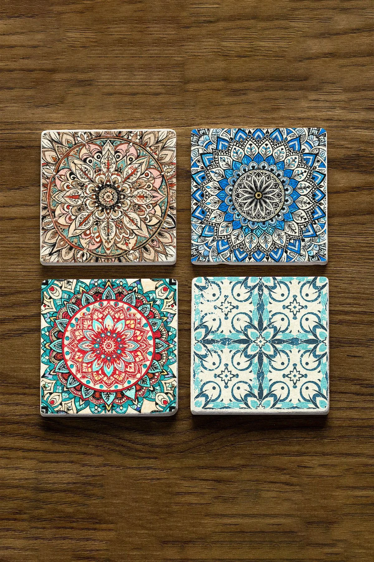 Lüks Mermer Altlık Seti 4'Lü Set 10X10X1 Cm - Mosque Cami Desen Çini